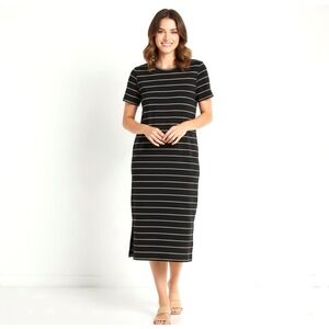 Banana‎ Republic Women's Dress Black Stripe Midi T Shirt Size Large Side Slits